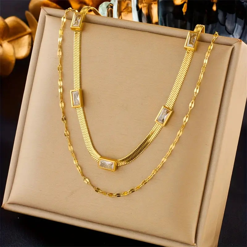 European And American Fashion Retro High-End Temperament Double-Layer Stacked Collarbone Chain Square Synthetic Gemstone Accessory Necklace