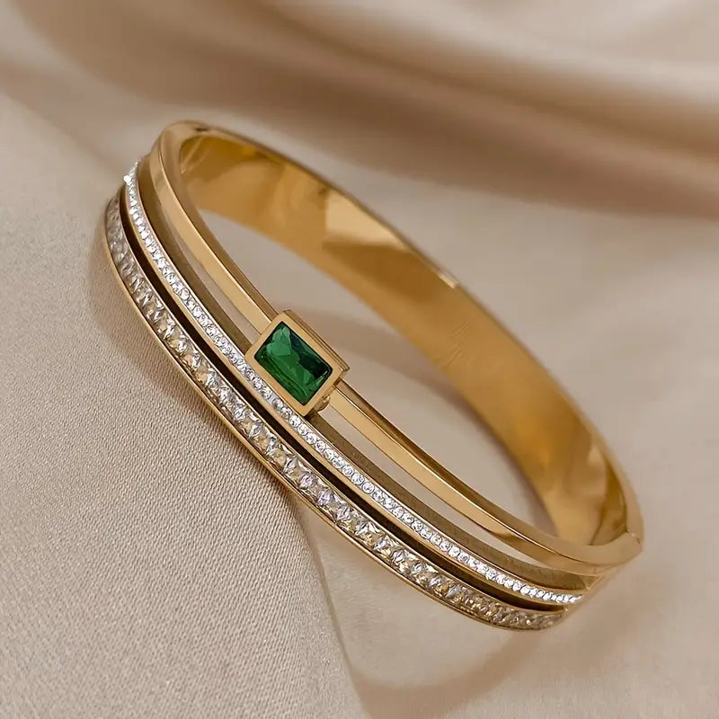 Elegant Stainless Steel Double Row Green Bracelet - Perfect Gift for Her, All-Season Wear