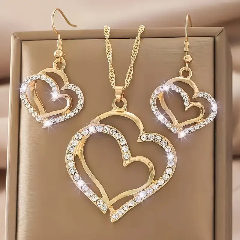 3pcs Women'S Heart Rhinestone Jewelry Set.