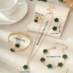 6pcs [Five Leaf Grass Lucky Talisman] Plum Blossom Jewelry Necklace+Ring+Bracelet+Bracelet+Earring Set Glossy Five Petals,