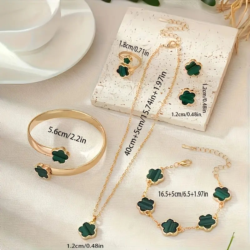 6pcs [Five Leaf Grass Lucky Talisman] Plum Blossom Jewelry Necklace+Ring+Bracelet+Bracelet+Earring Set Glossy Five Petals,