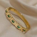 Vintage Inlay Green Zirconia Rectangle Stainless Steel Bangles Bracelets For Women