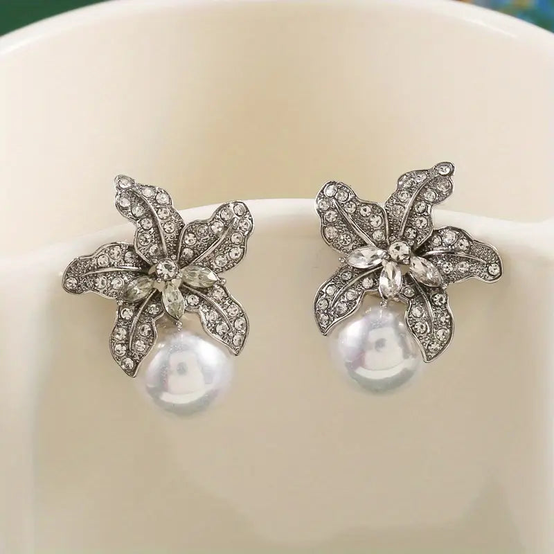 Gorgeous Flower Imitation Pearl Earrings Women Luxury Inlaid Sparkling CZ Stone Fashion Wedding Jewelry Wholesale Lots