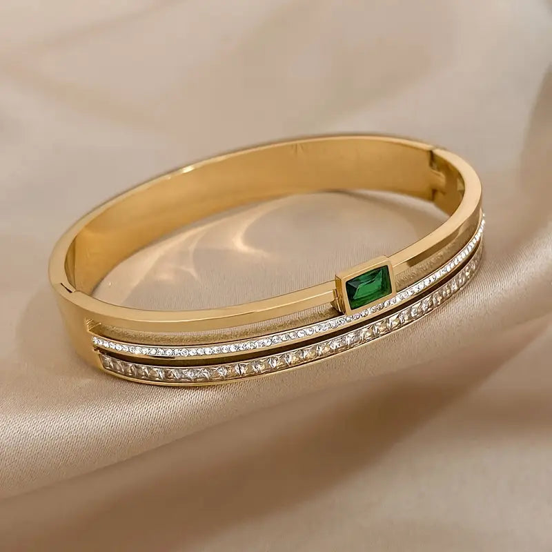 Elegant Stainless Steel Double Row Green Bracelet - Perfect Gift for Her, All-Season Wear