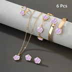 6pcs [Five Leaf Grass Lucky Talisman] Plum Blossom Jewelry Necklace+Ring+Bracelet+Bracelet+Earring Set Glossy Five Petals,