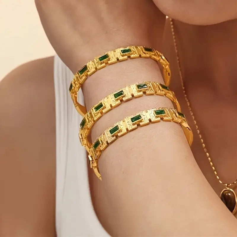 Vintage Inlay Green Zirconia Rectangle Stainless Steel Bangles Bracelets For Women