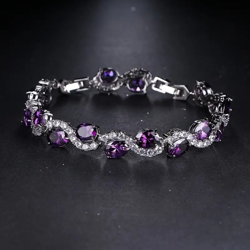 Radiant Luxury Purple Oval Link Bracelet - Exquisite Silvery Craftsmanship with Dazzling Zirconia Stones.