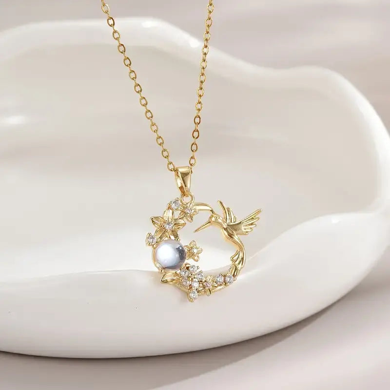 Elegant Synthetic Zirconia Bird And Floral Pendant Necklace.