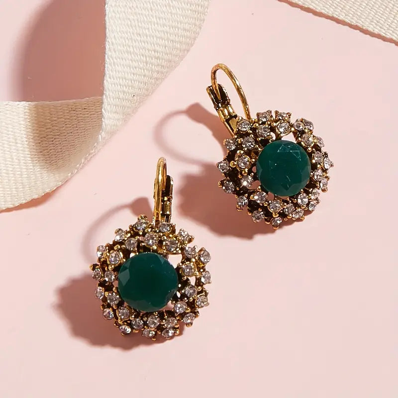 Women's Vintage Floral Stud Earrings - Golden-Tone Rhinestone Flower Jewelry with Green Gemstone