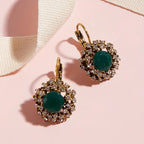 Women's Vintage Floral Stud Earrings - Golden-Tone Rhinestone Flower Jewelry with Green Gemstone