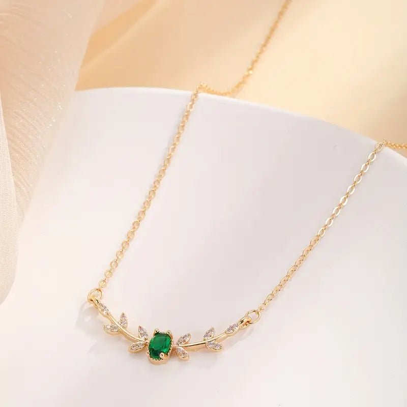 Elegant Copper Leaf & Branch Necklace with Cubic Zirconia for Women.