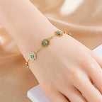 French Vintage-Inspired Golden Clover & Turquoise Stainless Steel Bracelet.