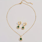 3pcs Set of Golden Stainless Steel Plated Cubic Synthetic Zirconia Created-Emerald Teardrop Necklace and Bracelet Combo