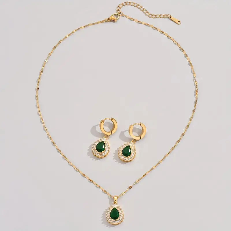 3pcs Set of Golden Stainless Steel Plated Cubic Synthetic Zirconia Created-Emerald Teardrop Necklace and Bracelet Combo