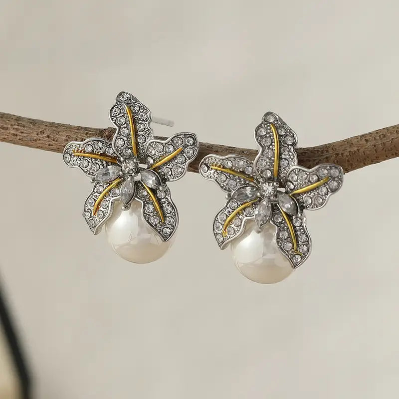 Gorgeous Flower Imitation Pearl Earrings Women Luxury Inlaid Sparkling CZ Stone Fashion Wedding Jewelry Wholesale Lots