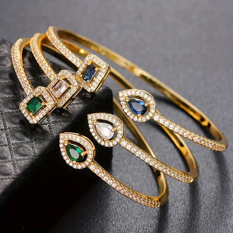 Elegant Geometric Cuff Bracelet with Sparkling Cubic Zirconia - Chic Women's Fashion Jewelry for Everyday & Festivals