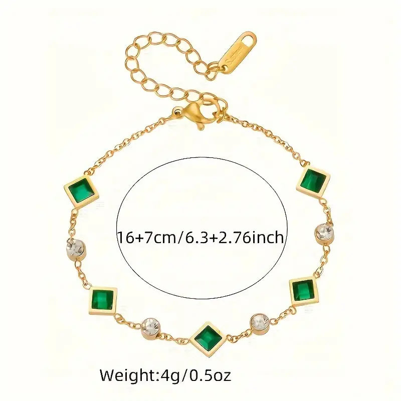 Elegant Stainless Steel Bracelet with Green Square Synthetic Zirconia, Minimalist Design.