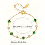 Elegant Stainless Steel Bracelet with Green Square Synthetic Zirconia, Minimalist Design.