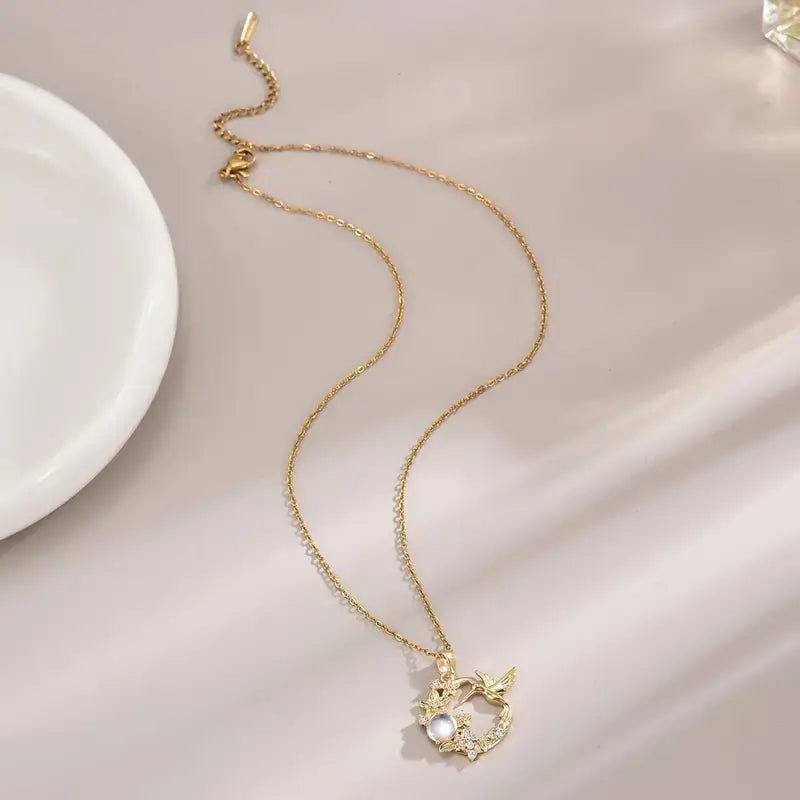 Elegant Synthetic Zirconia Bird And Floral Pendant Necklace.