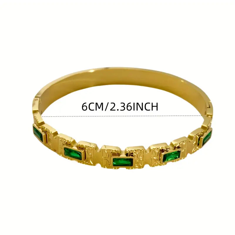 Vintage Inlay Green Zirconia Rectangle Stainless Steel Bangles Bracelets For Women