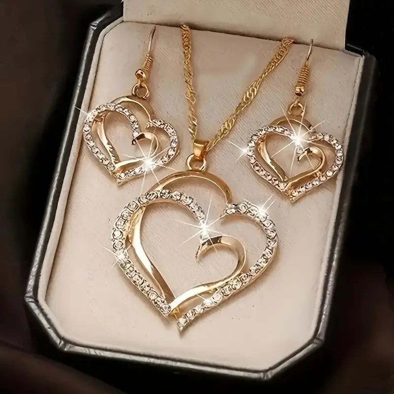 3pcs Women'S Heart Rhinestone Jewelry Set.