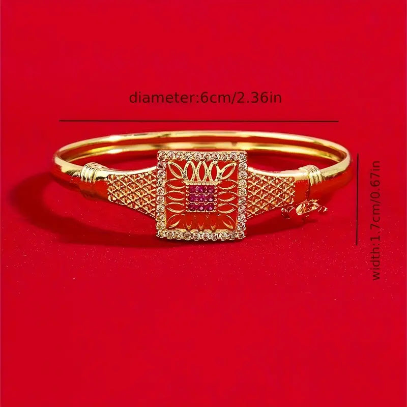 Vintage Dubai-Inspired Golden-Tone Copper Bracelet with Pinkish-Red Cubic Synthetic Zirconia Stones.