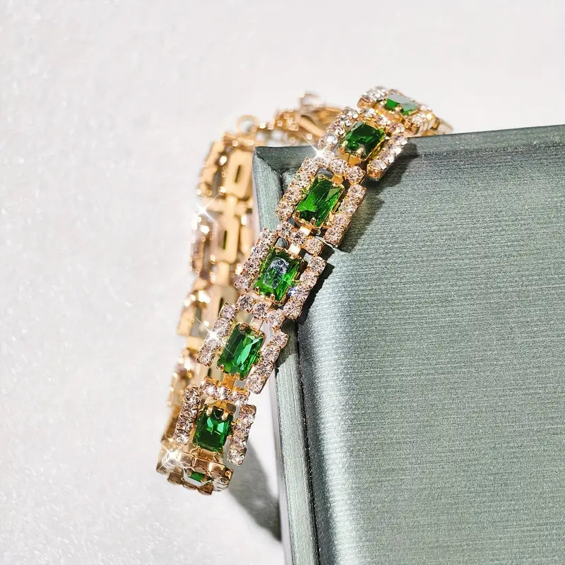 Women's Adjustable Bracelet - Emerald Green Gemstone-like Stones with Clear Rhinestones, Elegant Luxury Jewelry for Parties, Everyday & Formal Events -