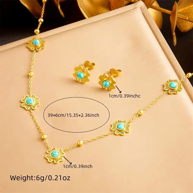 Elegant Temperament Women Jewelry Set with Stainless Steel Golden Chain Including Necklace, Earrings, Party Jewelry Gifts.