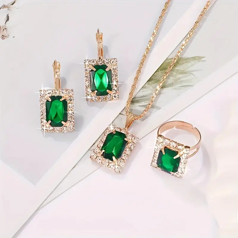 Luxurious 4pcs Square Jewelry Set for Women - Stainless Steel with Synthetic May Birthstone, Perfect for Casual Attire & Gifting
