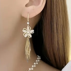 Elegant Uv-Coated Alloy Drop Earrings with Tassel Design - Stainless Steel Studs.