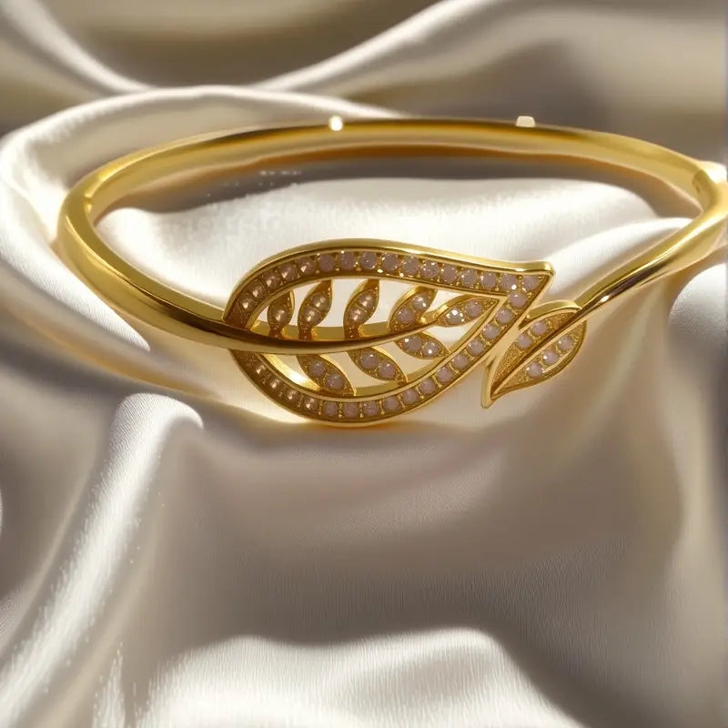 Radiant Brilliance Women's Golden-Tone Leaf Design Bracelet - 3D Inlay & Metal Mirror Finish.
