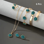 6pcs [Five Leaf Grass Lucky Talisman] Plum Blossom Jewelry Necklace+Ring+Bracelet+Bracelet+Earring Set Glossy Five Petals,