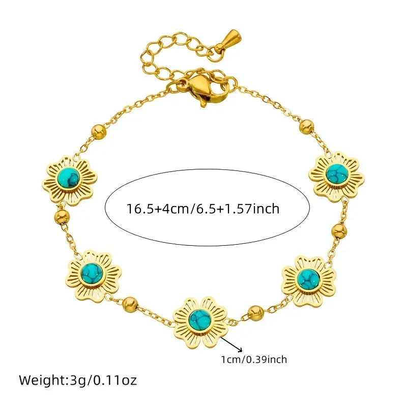 French Vintage-Inspired Golden Clover & Turquoise Stainless Steel Bracelet.