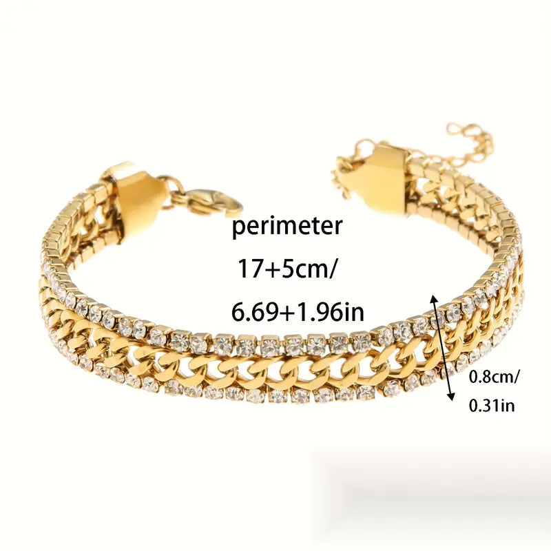 Adjustable Stainless Steel Women's Bracelet with Sparkling Accents - Elegant Golden