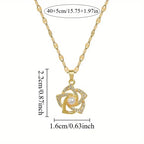 Stainless Steel Golden-Plated Micro-Set Synthetic Zirconia & Rotating Floral Pendant Necklace.