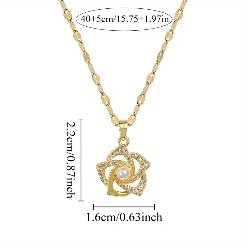 Stainless Steel Golden-Plated Micro-Set Synthetic Zirconia & Rotating Floral Pendant Necklace.