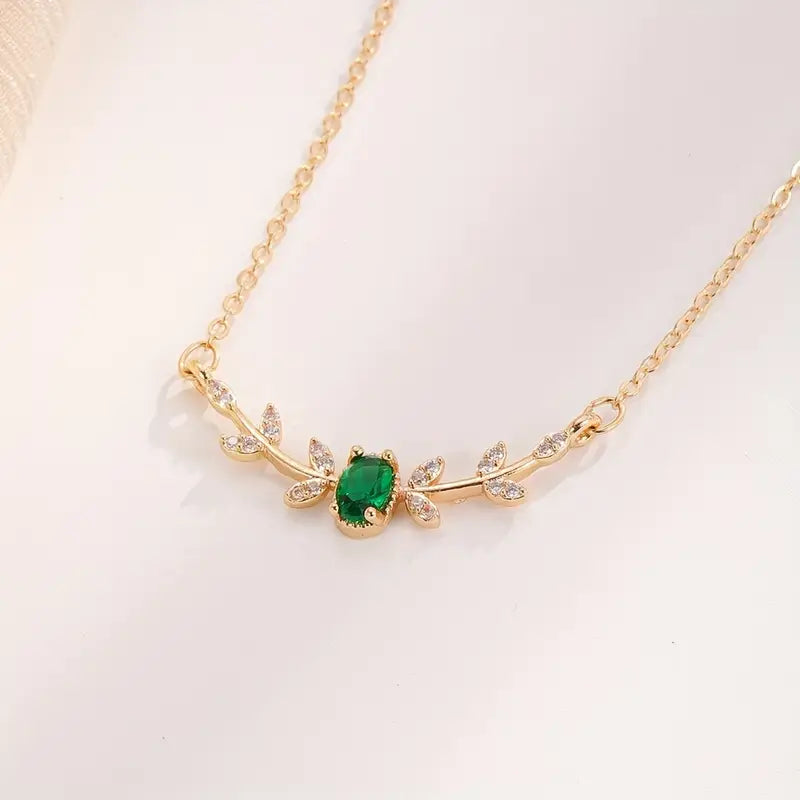 Elegant Copper Leaf & Branch Necklace with Cubic Zirconia for Women.