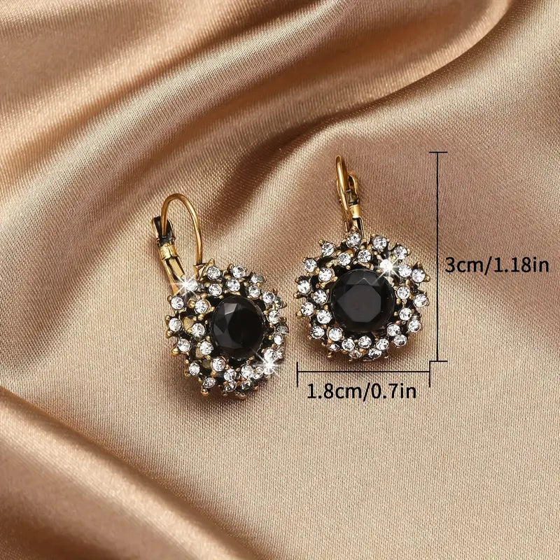 Women's Vintage Floral Stud Earrings - Golden-Tone Rhinestone Flower Jewelry with Green Gemstone