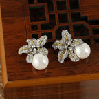 Gorgeous Flower Imitation Pearl Earrings Women Luxury Inlaid Sparkling CZ Stone Fashion Wedding Jewelry Wholesale Lots