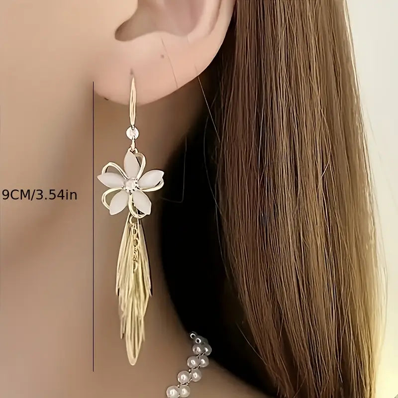 Elegant Uv-Coated Alloy Drop Earrings with Tassel Design - Stainless Steel Studs.
