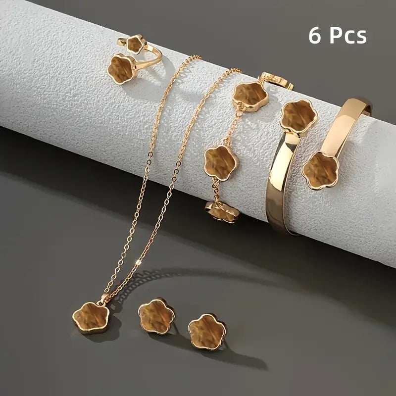 6pcs [Five Leaf Grass Lucky Talisman] Plum Blossom Jewelry Necklace+Ring+Bracelet+Bracelet+Earring Set Glossy Five Petals,