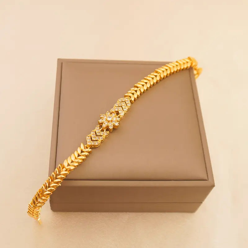 1pc Elegant 24K Golden Plated Copper Bracelet with Synthetic Zirconia for Women.