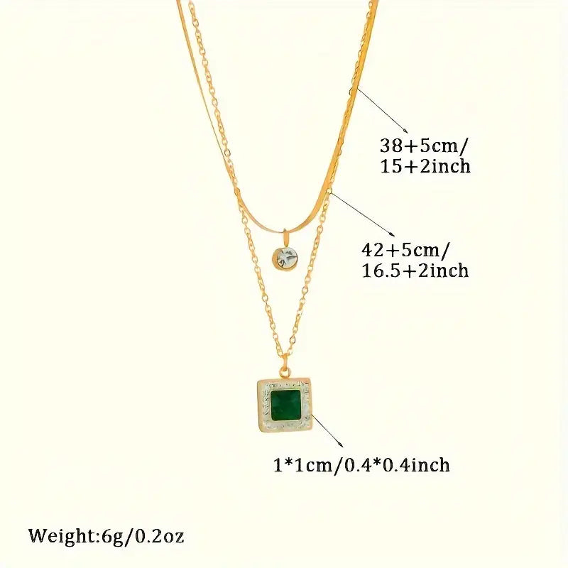 Vintage Sexy Double-Layer Choker Necklace with Rhinestone Detail and Square Pendant