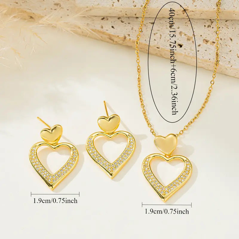 3pcs Elegant 18K Golden Plated Stainless Steel Heart Pendant Necklace and Earrings Set.