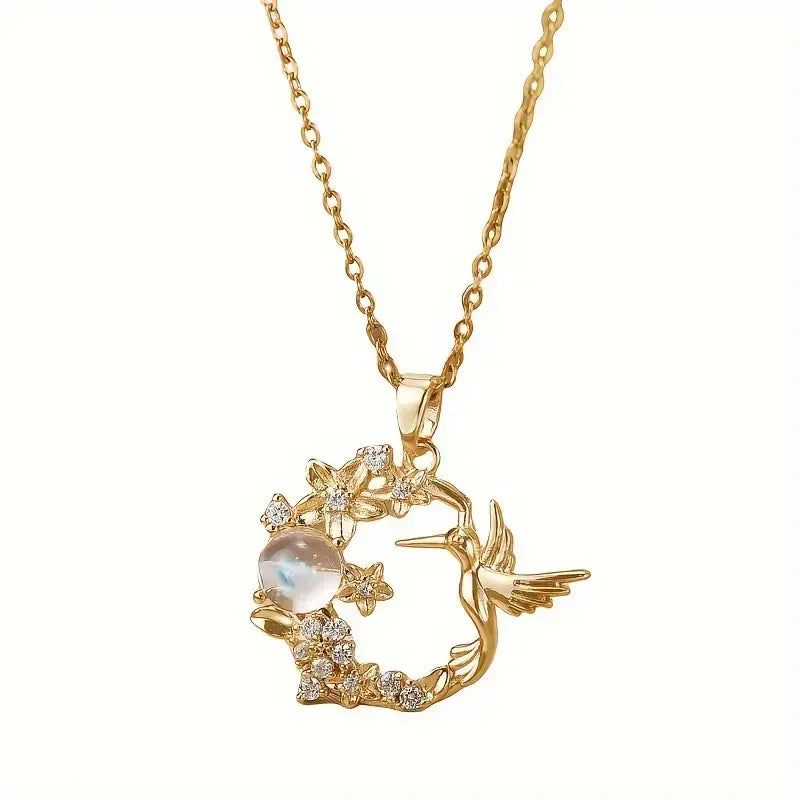 Elegant Synthetic Zirconia Bird And Floral Pendant Necklace.
