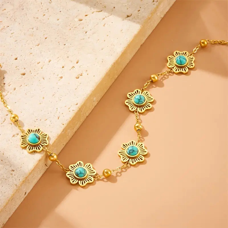 French Vintage-Inspired Golden Clover & Turquoise Stainless Steel Bracelet.