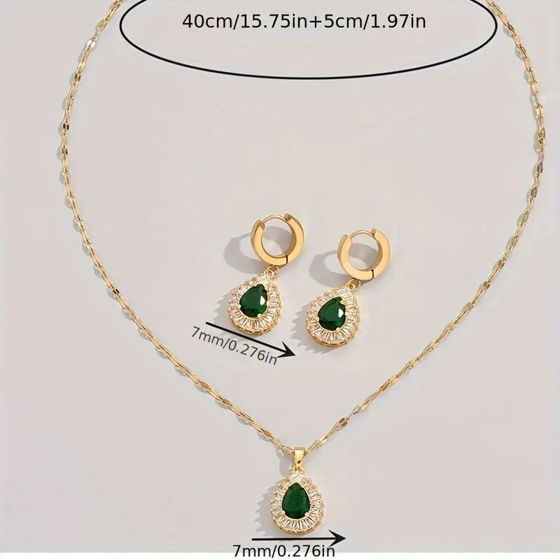 3pcs Set of Golden Stainless Steel Plated Cubic Synthetic Zirconia Created-Emerald Teardrop Necklace and Bracelet Combo