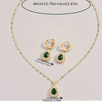 3pcs Set of Golden Stainless Steel Plated Cubic Synthetic Zirconia Created-Emerald Teardrop Necklace and Bracelet Combo