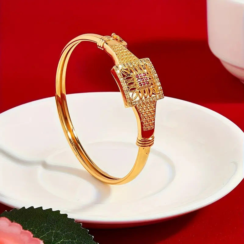 Vintage Dubai-Inspired Golden-Tone Copper Bracelet with Pinkish-Red Cubic Synthetic Zirconia Stones.