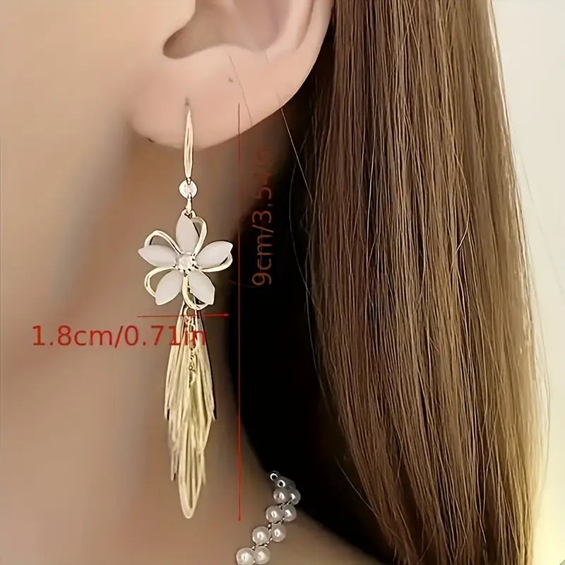 Elegant Uv-Coated Alloy Drop Earrings with Tassel Design - Stainless Steel Studs.